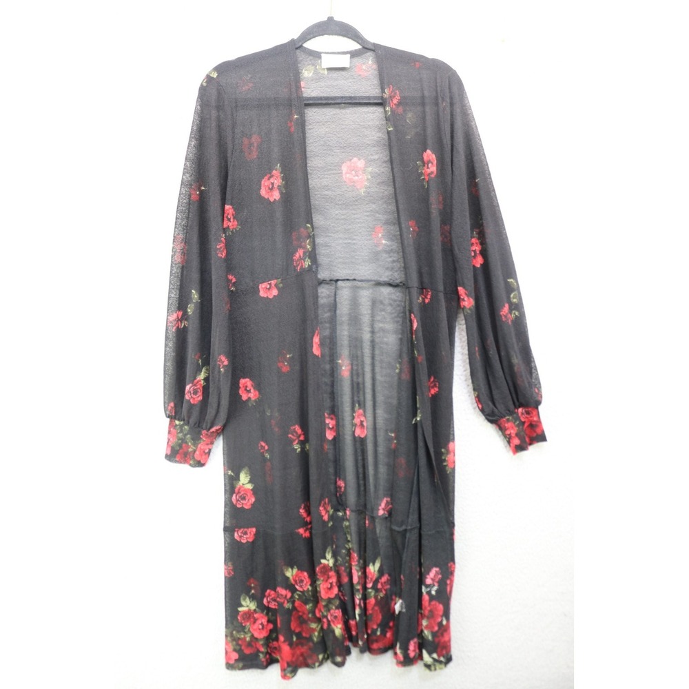 Ember Long Sleeve Sheer Mesh Black Floral Open Front Duster/Cardigan-Large-Goth